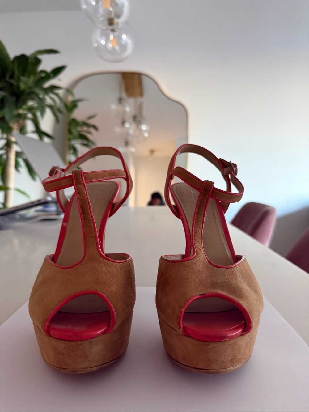 Aldo T-Strap Suede Platform Sandals in Brown with Orange Trim